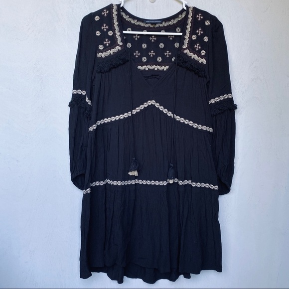 American Eagle Black Tan Boho Tassel Tiered Dress - Picture 1 of 6